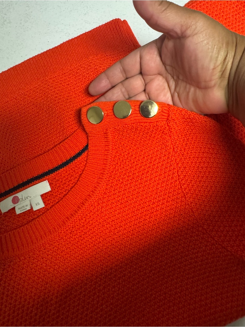 Boden Bright orange  Crewneck Sweater with Decorative Shoulder Buttons - Picture 8 of 9